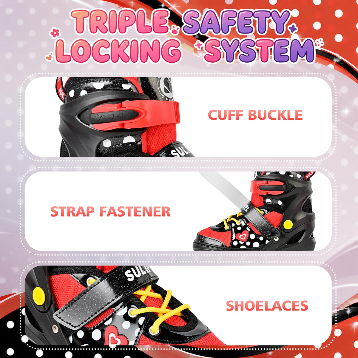 SULIFEEL Adjustable Roller Skates for Girls Ages 5-8 6-12 with Polka Dots & Bow, Light Up Wheels, 4 Sizes Adjustable for Beginner Kids Skates Indoor Outdoor Sports