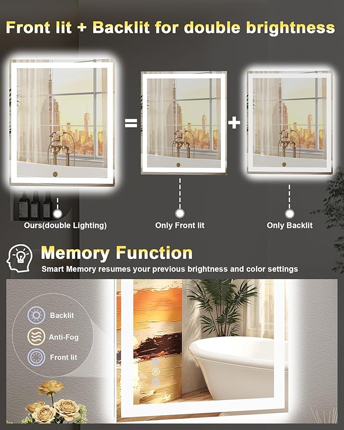36"x 36" LED Bathroom Mirror, 3 Colors Vanity Mirror with Lights, Front and Backlit Bathroom Mirror with Lights, LED Smart Mirror for Wall, Tempered Glass, Anti-Fog, Stepless Dimmable, Memory(ETL)
