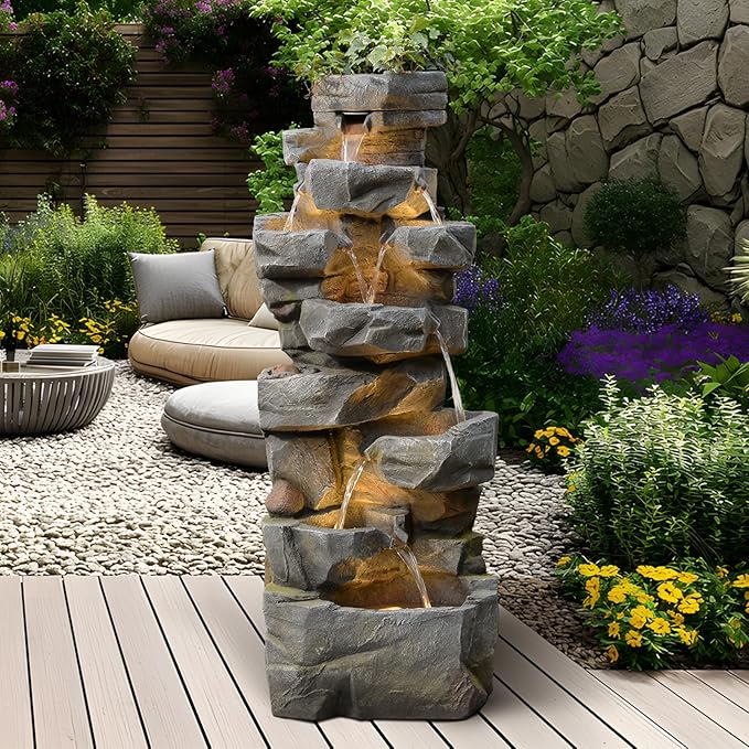 58" H Outdoor Water Fountain with 7 Tiers New Upgraded Large Cascading Realistic Rock Waterfall Fountains with Lights Outdoor Water Fountain for Garden Patio Backyard Porch Home Decor
