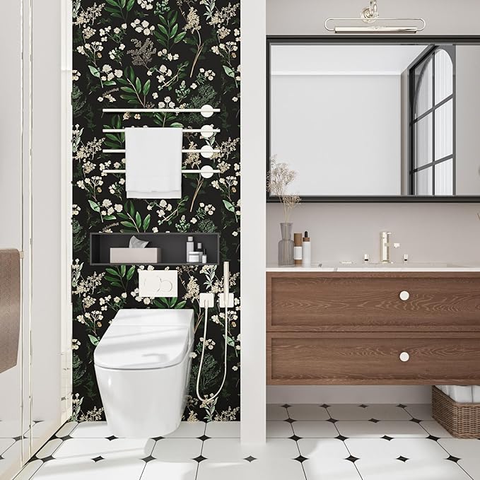Dark Floral Wallpaper Peel and Stick Green Leaf Wallpaper Vintage Flowers Contact Paper Waterproof Self Adhesive Boho Delicate Wall Paper for Cabinet Kitchen Walls Locker 17.5in x9.8ft