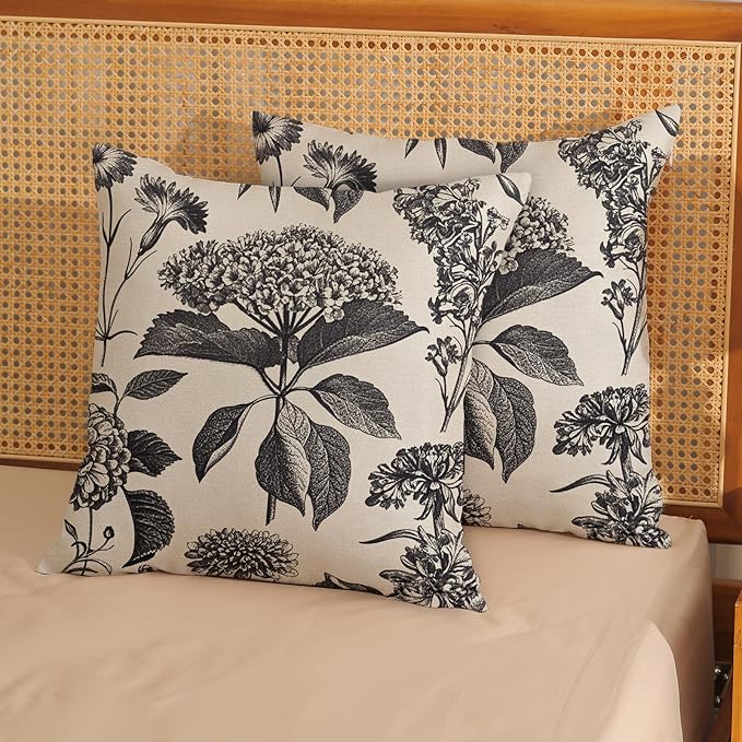 Black Pillow Covers 18x18 Set of 2 Vintage Boho Floral Hydrangea Herbs Botanical Throw Pillow Cover Outdoor Flower Decoration Pillowcase Linen Farmhouse Cushion Case Decorative for Couch Sofa