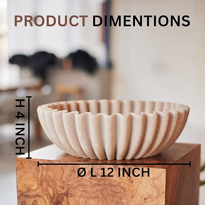 12" Extra Large Decorative Bowl – Decorative Fruit Bowl for Kitchen Counter, Modern Handmade Bowls for Home Decor, Ruffle Decor, Stylish Key Bowl for Entryway Table, Beige Artificial Stone