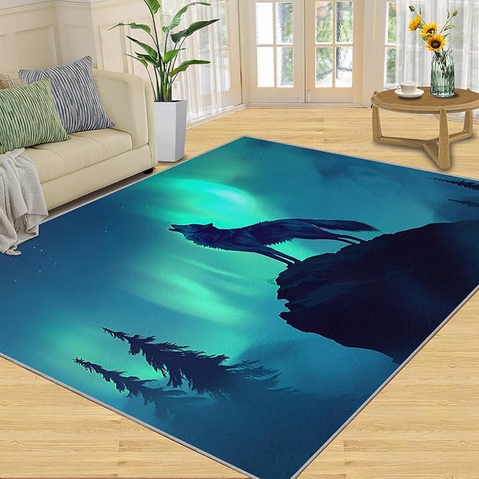 Wolf 4x5 Area Rugs for Living Room -Forest Washable Rug Aurora Non-Slip Carpet Indoor Floor Stain Resistant Thin Carpets for Bedroom Dining Room Home Office