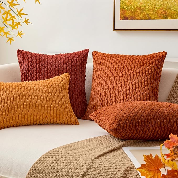 Kevin Textile Fall 2 Packs Boho Decorative Throw Pillow Covers 20x20 Inch for Living Room Couch Bed Sofa Rustic Modern Farmhouse Home Decor Soft Corduroy Square Cushion Case, Rust