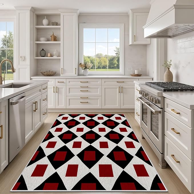 Plaid Rug 3x5, Vintage Geometric Soft Ultra Soft Faux Wool Low Pile Rug, Indoor Floor Mats Carpet, Non-Slip Stain Resistant Washable Rugs, Modern Red Rugs for Living Room Home Office Decor