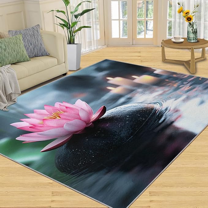 Zen Stones Washable Area Rug 6x8, Pink Petals Soft Rugs for Living Room Recuperative Spa Carpet Area Rugs for Bedroom Dining Room Non-Slip Stain Resistant Rug