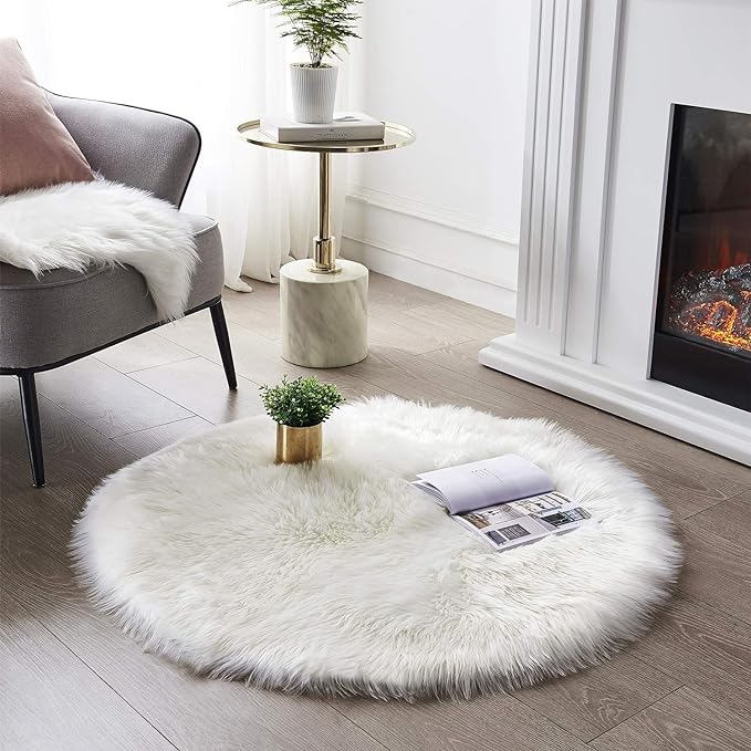 SERISSA Soft Round Faux Sheepskin Fur Rug White Circle Rug Circular Fluffy Area Rug Plush Circle Carpet Play Mats for Kids Girls Room Princess Castle Christmas 3ft Diameter