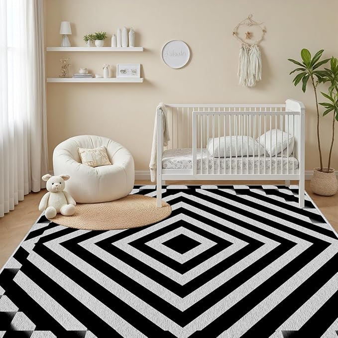 Black and White Rug 2x3, Checkered Soft Thin Indoor Floor Mats Carpet, Non-Slip Stain Resistant Washable Rugs, Modern Rhombus Geometric Rugs for Living Room, Farmhouse Rug