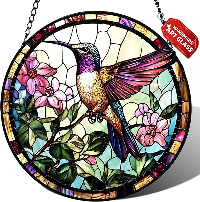 Stained Glass Window Hanging, Hummingbird Suncatcher for Door Home Decor, Birds Flowers Sun Catcher Ornament Mother's Day Birthday Gifts for Bird Lovers Women Men Mom 6.3 in