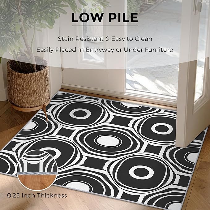 Black and White Geometric Rugs for Home Decor, 6x8 ft, Ring Circle Area Rugs for Living Room, Soft Non Slip Washable Modern Abstract Carpet Bedroom Decorations Dt-Ghf-31