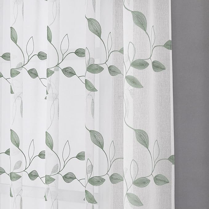 Tollpiz Sage Green Leaf Sheer Tier Curtains Leaves Embroidered Kitchen Short Curtain Rod Pocket Voile Bathroom Curtains for Cafe, 30 x 24 inches Long, Set of 2 Panels