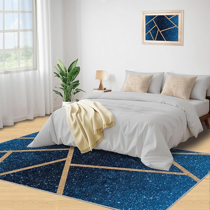 Abstract Marble Rug Navy Blue Marble Area Rug Blue Starry Geometric Area Rugs Gold Lined Geometric Shapes Rugs Modern Minimalist Carpet for Living Room Bedroom 5x7ft