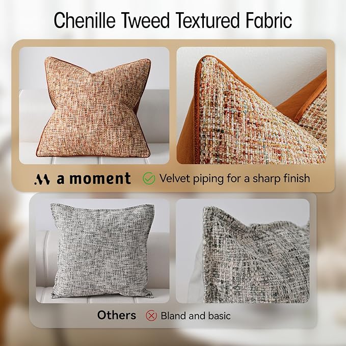 a moment Fall Rust Orange Reversible Pillow Covers 2 Pack - Farmhouse Chenille Throw Pillows, Neutral Textured Decorative Throw Pillow Covers with Border for Couch Sofa Bed (12x20 Inch, No Insert)