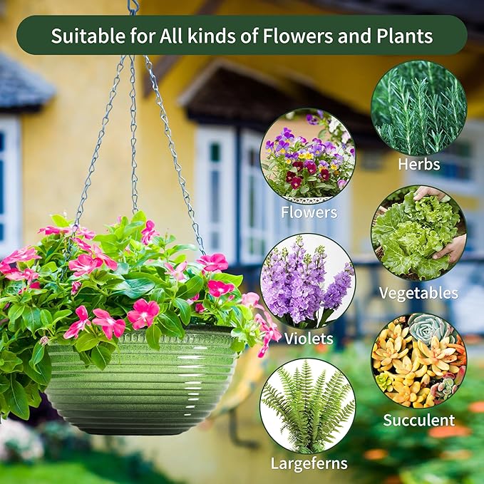 12 inch Hanging Planters for Indoor Outdoor Plants, 2 Pack Large Hanging Flower Pots with Drainage Holes and Chain, Glazed Hanging Baskets for Home Garden Decoration, Green