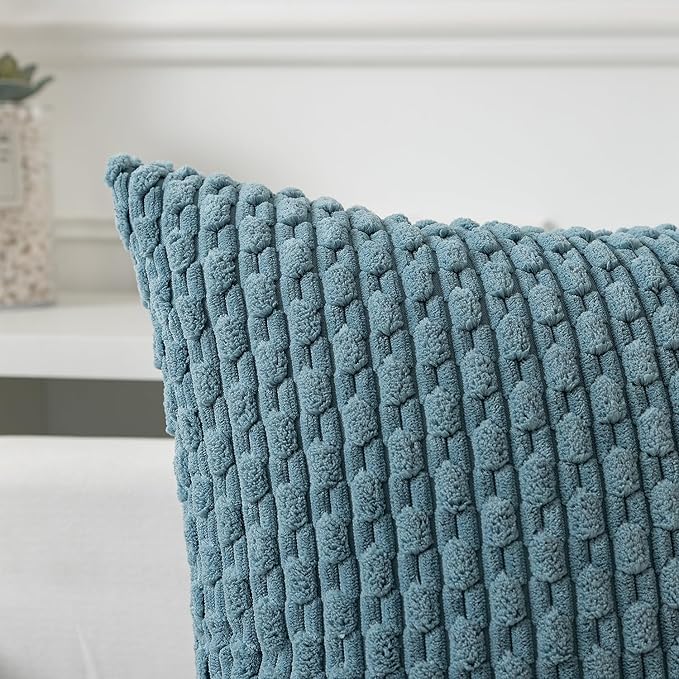 Kevin Textile Throw Pillow Covers Soft Corduroy Decorative Set of 2 Boho Striped Pillow Covers Pillowcases Farmhouse Home Decor for Couch Bed Sofa Living Room 18x18 Inch Blue Grey