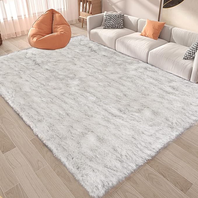 Latepis 12x12 Rugs for Living Room Super Large Faux Sheepskin Fur Rug White with Grey Tips Area Rugs Sofa Fluffy Rug Shag Rug for Bedroom Home Office Entertainment Room, Square