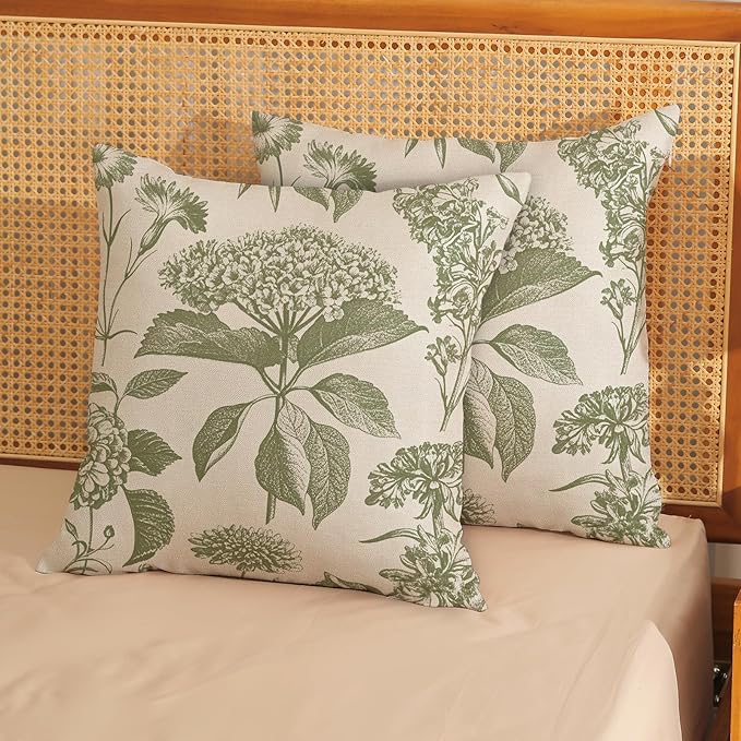 Sage Green Pillow Covers 24x24 Set of 2 Boho Floral Hydrangea Herbs Botanical Throw Pillow Cover Outdoor Decoration Pillow Cases Vintage Flower Linen Cushion Case Decorative for Couch Sofa