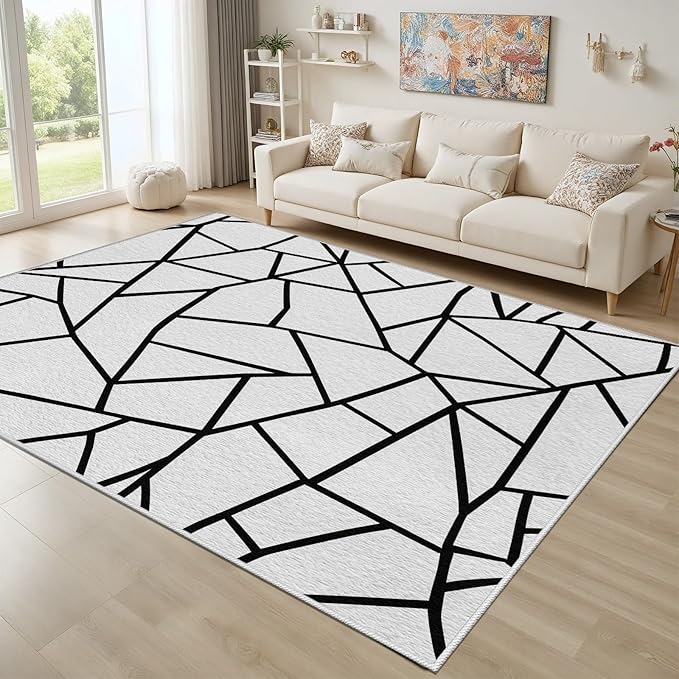 White and Black Rug - Black and White Rug, Area Rugs 5x8, Modern Abstract Rugs for Living Room Bedroom, Irregular Polygon Geometric Carpet Washable Non Slip Home Decor