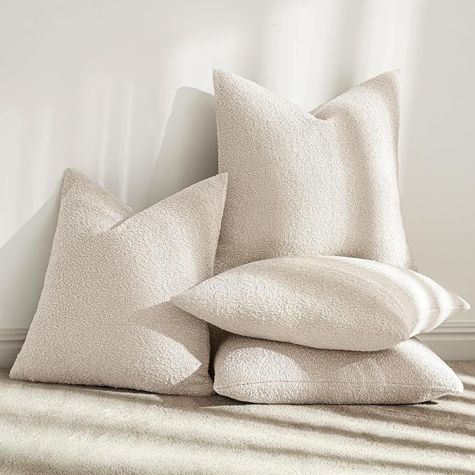 MIULEE Pack of 4 Decorative Textured Boucle Throw Pillow Covers 18x18 Inch Beige Accent Solid Pillow Cases Soft Couch Cushion Covers for Modern Farmhouse Boho Chair Sofa Bed Livingroom Home Decor