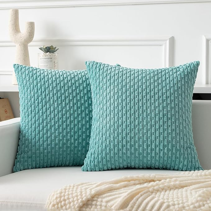 Kevin Textile Throw Pillow Covers Soft Corduroy Decorative Set of 2 Boho Striped Pillow Covers Pillowcases Farmhouse Home Decor for Couch Bed Sofa Living Room 22x22 Inch Aqua Green