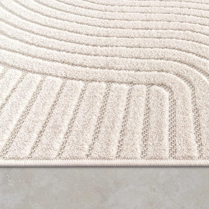 Paco Home Modern Area Rug with Raised Curved Line Pattern – Minimalist Design in Cream, Size: 5'3" Round