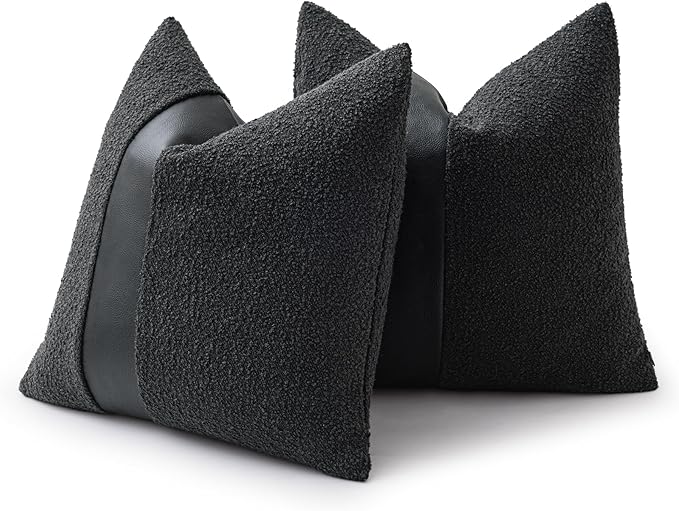 20"x20" Charcoal Black Boucle Throw Pillow Covers with Faux Leather Accents Set of 2 Fluffy Textured Decorative Pillow Cases for Couch Bed Boho Farmhouse Square Cushion Covers for Nordic Home
