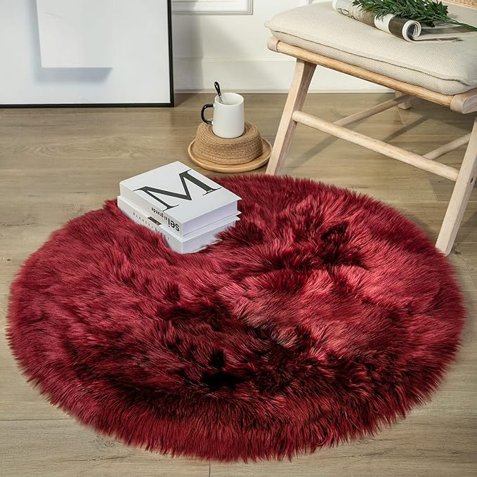 Ashler faux fur rug, Fluffy Shaggy Area Rug Ultra Soft 3 x 3 Feet Round Fur Rug, Deep Red Fuzzy Rug Machine Washable Shag Rug, Nursery Decor Throw Rugs for Bedroom, kids room, Living Room
