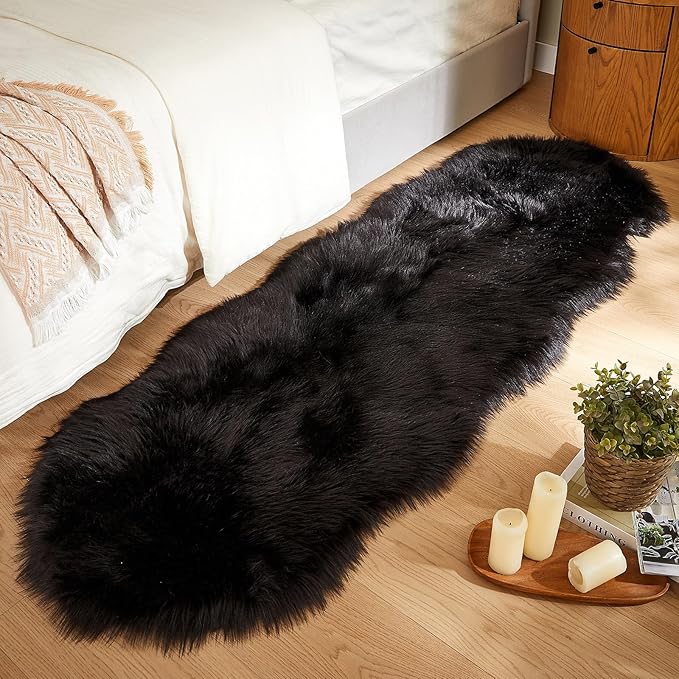 AMTOVO Faux Sheepskin Rug, Black Ultra Soft Fluffy Shag Area Rug, 2 x 6 ft Faux Fur Rug for Bedroom Sofa Throw Cushion Room Decor, Sheepskin