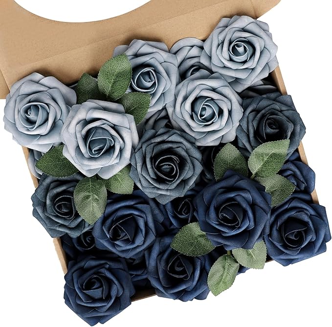 N&T NIETING Fake Roses,25pcs Artificial Flowers Dusty Blue Fake Roses Faux Flowers Fake Flowers for DIY Wedding Bouquets Centerpieces Floral Arrangements Home Decorations Shades of Navy Blue