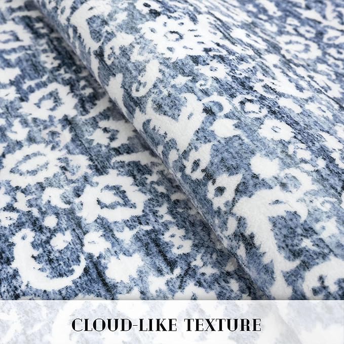 Vintage 4x6 Living Room Washable Rug, Light Blue White Non-Slip Soft Bedroom Area Rug Thin Printed Faux Wool Floor Super Soft Carpet Throw Rugs for Nursery Playroom Dining Room Office