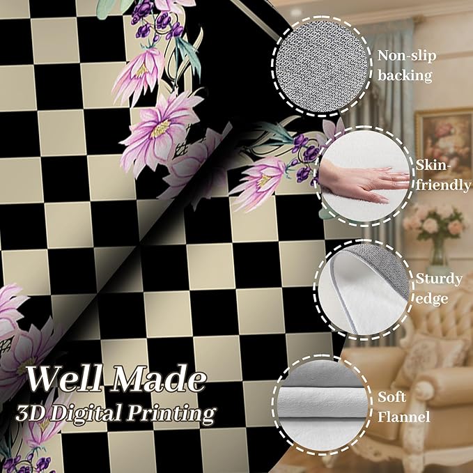 Vintage Farmhouse Checkered Hallway Carpet, 2.6x10ft, Elegant Floral Flower Checkerboard Indoor Throw Rugs, Absorbent Washable Foldable No Crease High Traffic Mat for Laundryroom Floor