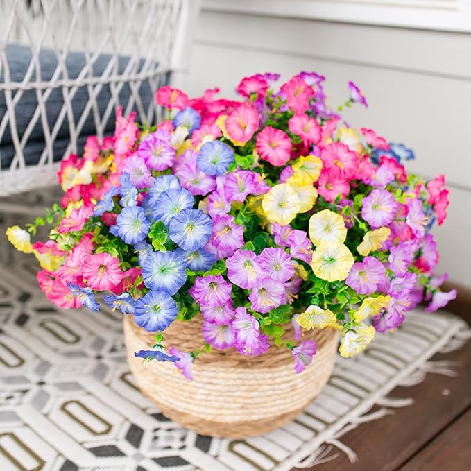 HyeFlora Artificial Flowers for Outdoors Fake Plants Outside Decoration, 12 Bundles Silk Colorful Morning Glory with Eucalyptus UV Resistant Realistic Faux Flowers for Planter Porch Patio Yard Indoor