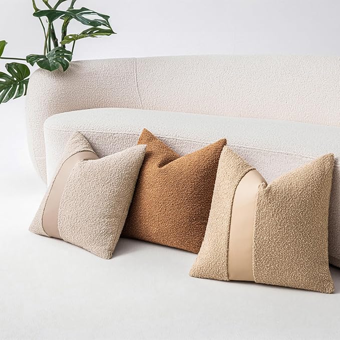 22"x22" Khaki Boucle Pillow Covers with Faux Leather Accents Set of 2 Fluffy Textured Decorative Throw Pillow Cases for Couch Bed Boho Farmhouse Square Cushion Covers for Home Décor