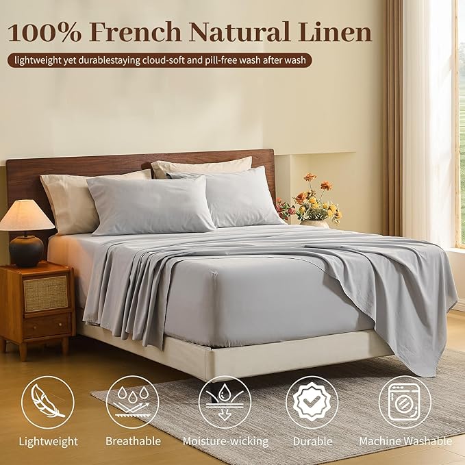 MEISHANG 100% French Pure Linen Sheets King Size - Extra Deep Pocket Sheet Set, Soft Durable Flax Linen, Anti-Tear Breathable & Oeko-Tex Certified 18-24 Deep Pocket,All Season(Silver Grey)