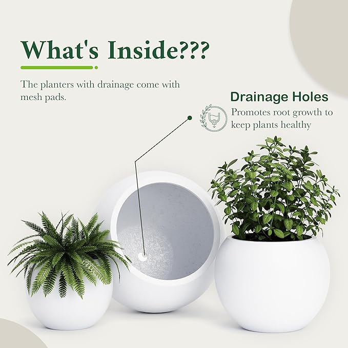 DTY Signature Mount Sherman 19.7''D x 21.7''H Modern Indoor Outdoor Fiberstone Sphere Planter, Durable Round Garden Pot, Weather Resistant, Drainage Hole & Rubber Plug - Large, White