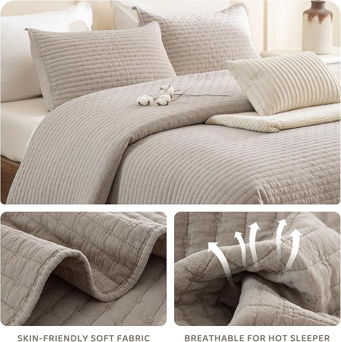 Sanracie Stonewashed Cotton Coverlet Oversized King(120"x120"), Linen Colored Cross Stitch Pattern California King Quilt Sets 3Pcs Ultra Soft Lightweight Crinkle Bed Coverlet Set for All Season