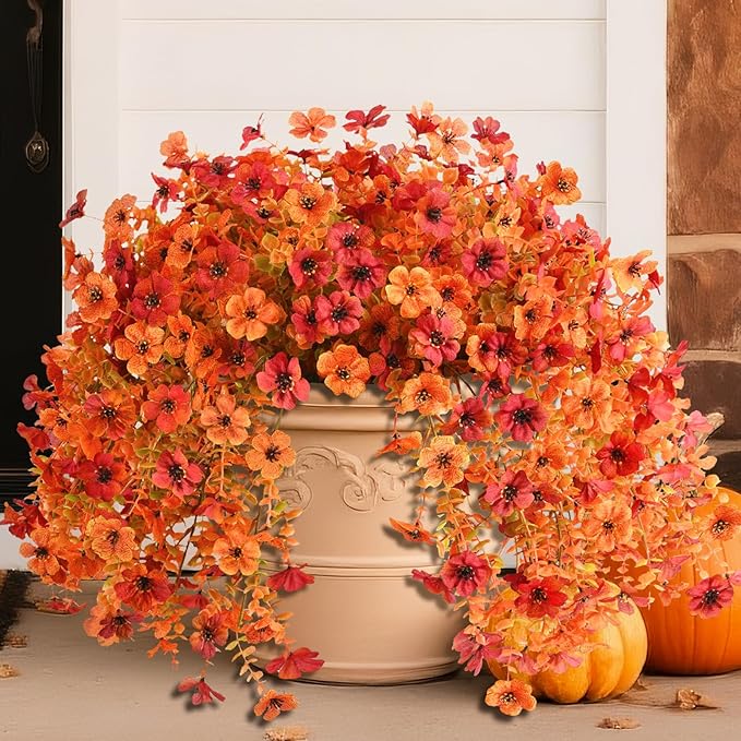 INQCMY Artificial Fall Flowers for Outdoors Fake Mums Hanging Flowers Plants 2Pcs UV Resistant Faux Flowers for Porch Patio Outdoor Decor Home Decor (Orange Autumn Red)