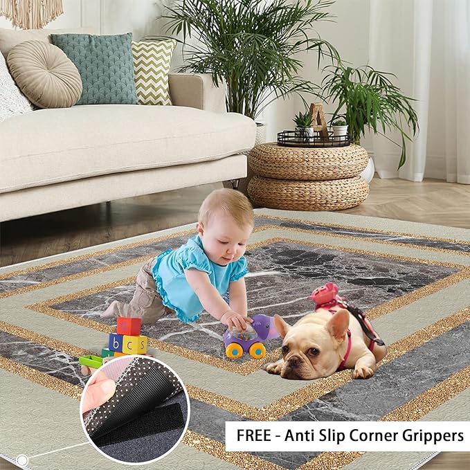 Light Luxury Marble Area Rugs Gilded Stripe Geometry Area Carpet Abstract Marble Texture Rug Stone Crack Carpet for Living Room Study Bedroom 6x9ft