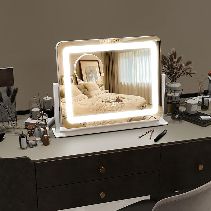 ROLOVE Vanity Mirror with Lights 15"x12", Lighted Makeup Mirror with 10X Magnification, 3 Color Lighting & Dimmable Brightness, Light Up Mirror for Desk, Bedroom, Bathroom