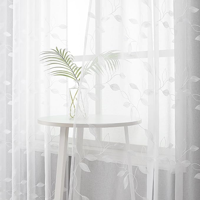 Tollpiz White Leaf Sheer Curtain Leaves Embroidered Living Room Curtains Rod Pocket Voile Window Treatment for Bedroom, 54 x 72 inches Long, Set of 2 Panels