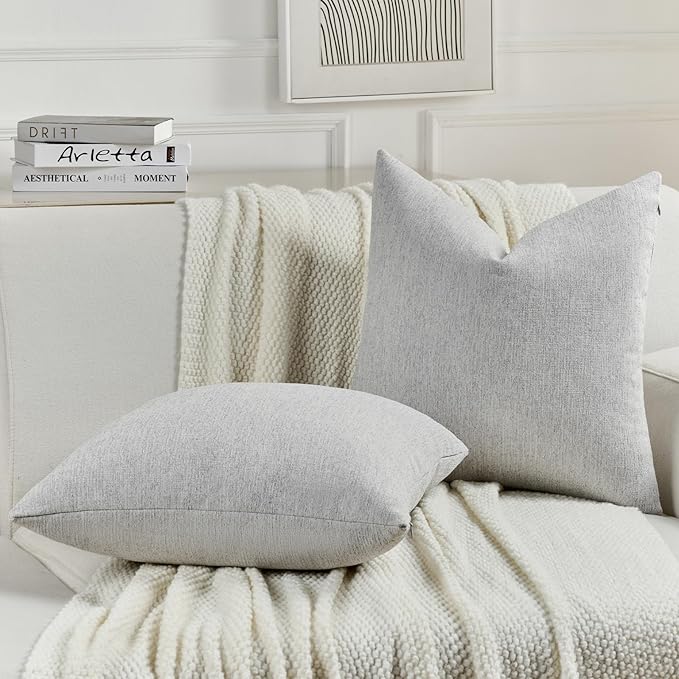 FUTEI Light Grey Chenille Decorative Throw Pillow Covers 22x22 Inch Set of 2,Soft Cozy Faux Linen Textured Cushion Case,Farmhouse Home Decor for Couch Living Room