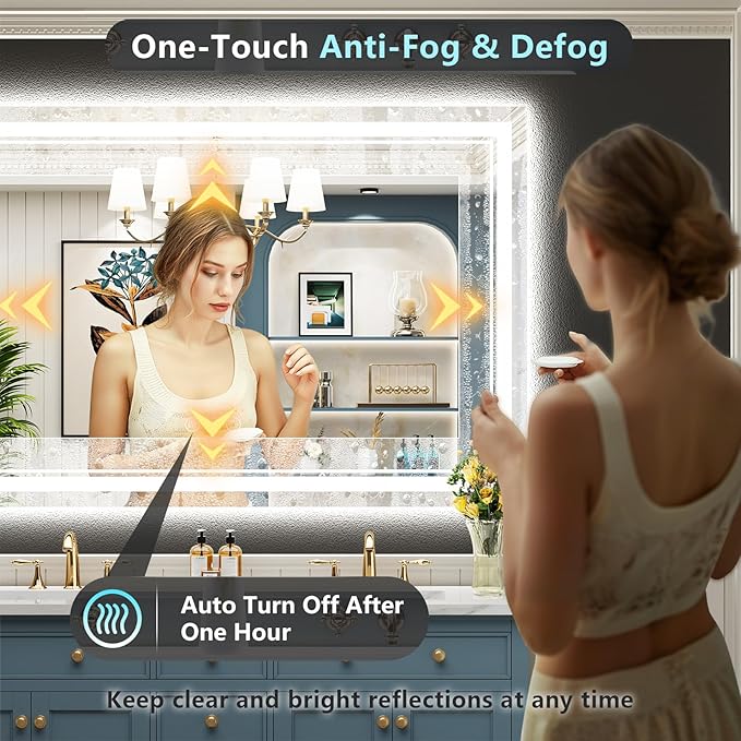 50x40 LED Bathroom Mirror with Lights, Backlit and Front Lit, Anti-Fog Lighted Vanity Mirrors for Bathroom Wall, Dimmable, 3-Color Light, Memory, Shatter-Proof, HD Tempered Glass, CRI＞90