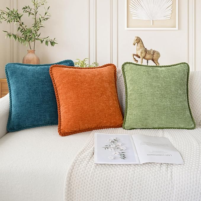 CaliTime Fall Decorative Couch Throw Pillow Covers 20 X 20 Inches Pack of 2 Cozy Chenille Piping Edge Cushion Cases for Sofa Bed Living Room Home Burnt Orange