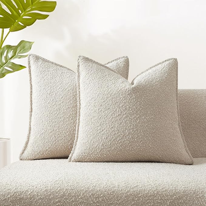 JUSPURBET 18x18 Pillow Covers Set of 2 Decorative Throw Pillow Covers Case for Couch Sofa Bed Soft Boucle Textured Cushion Covers with Hidden Zipper for Home Decor Living Room,Beige