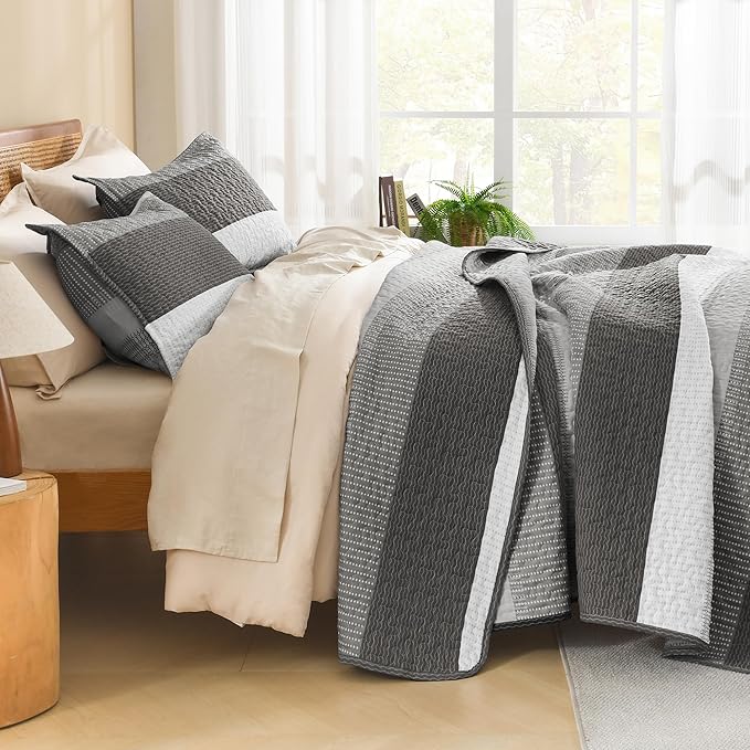 Litanika California King Quilt Set Dark Grey - Cal King Oversized Stripe Comforter Bedspreads & Coverlets - Soft Lightweight Quilted Bedding Set for All Season(1 Quilt, 2 Pillowcases)