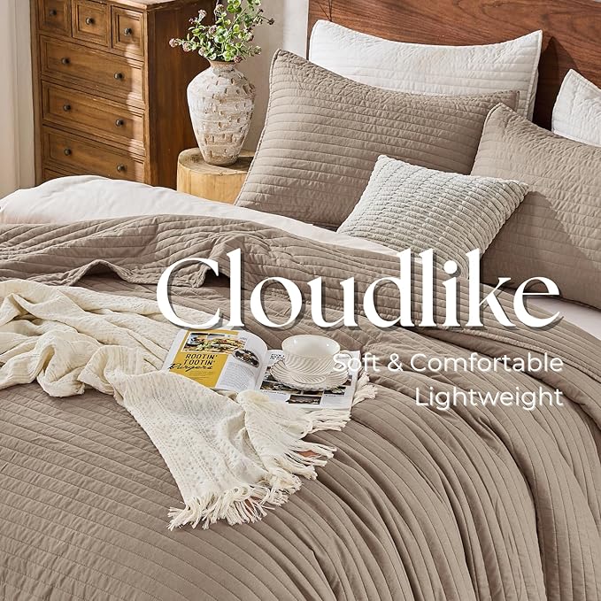 DOWN HOME Twin Quilt Bedding Set with Sham, Vintage Washed Soft Quilted Blanket Thin Comforter Lightweight Bedspread Coverlet Bed Cover, Brushed Microfiber Stripe Stitching, Brown, 66"x92"