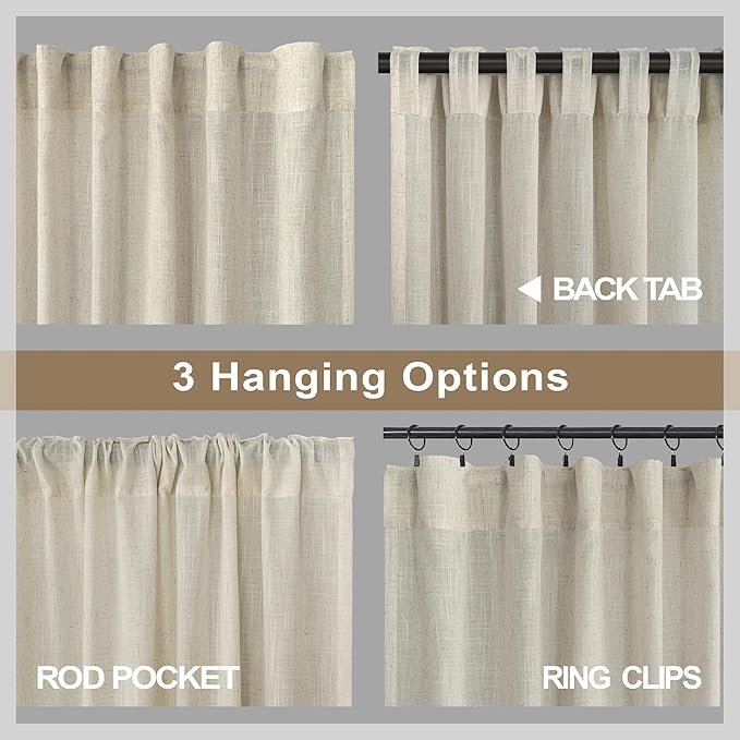 Flax Linen Curtains 84 Inch Length for Bedroom 2 Panels Back Tab Pocket Light Filtering Simple Canvas Cloth Look Semi Sheer Beige Curtains for Living Room Dining Burlap Sand Beach Decor 52x84 Long Tan