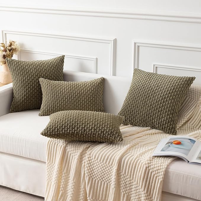 Kevin Textile 2 Packs Olive Green Euro Farmhouse Decorative Throw Pillow Covers 26x26 Inch for Living Room Couch Bed Sofa Rustic Boho Home Decor Soft Striped Corduroy Square Cushion Case 66x66 cm