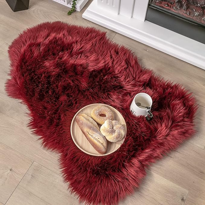 Ashler faux fur rug, Fluffy Shaggy Area Rug Ultra Soft 2 x 3 Feet Sheepskin Fur Rug, Deep Red Fuzzy Rug Machine Washable Shag Rug, Nursery Decor Throw Rugs for Bedroom, kids room, Living Room