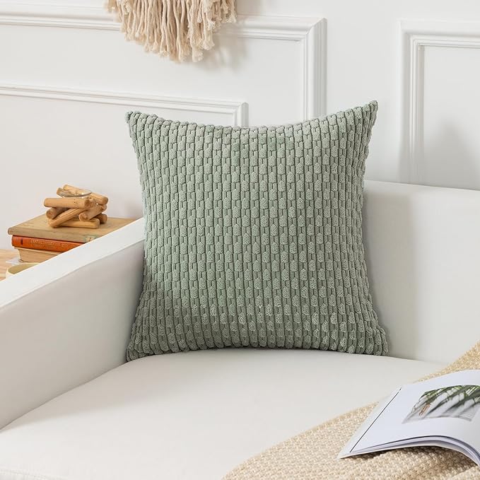Kevin Textile Throw Pillow Covers Soft Corduroy Decorative Set of 2 Boho Striped Pillow Covers Pillowcases Farmhouse Home Decor for Couch Bed Sofa Living Room 18x18 Inch Greyish Green